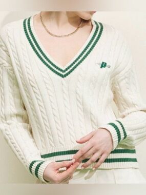 PRINCE Pickleball VNeck Cable Knit Ivory Green Pullover Sweater SZ XS Preppy